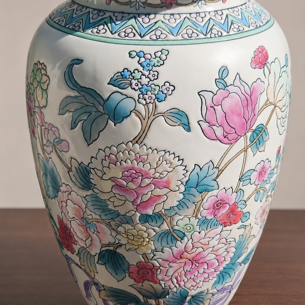 Floral Hand-Painted Ceramic Vase in White, Pink & Teal
